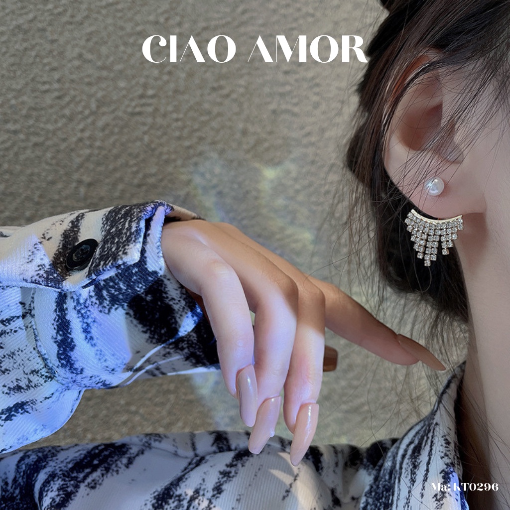 Khuyên tai nữ, Bông tai nữ bạc 925 nụ ngọc viền thả đính ngọc quý phái Trang sức Ciao Amor - KT0296