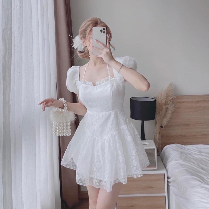 Đầm tơ bông cổ yếm tay phồng dáng xoè
