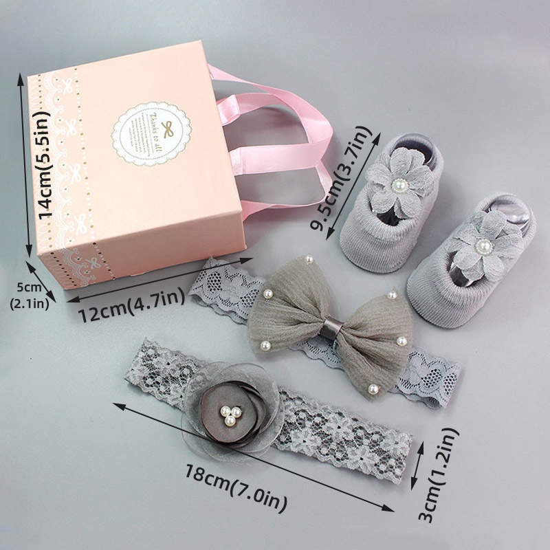 Set 3 Món Vớ Cotton Chống Trượt + Vớ Cotton Chống Trượt Đính Nơ Hoa + Băng Đô Cài Tóc Cho Bé Gái Sơ Sinh