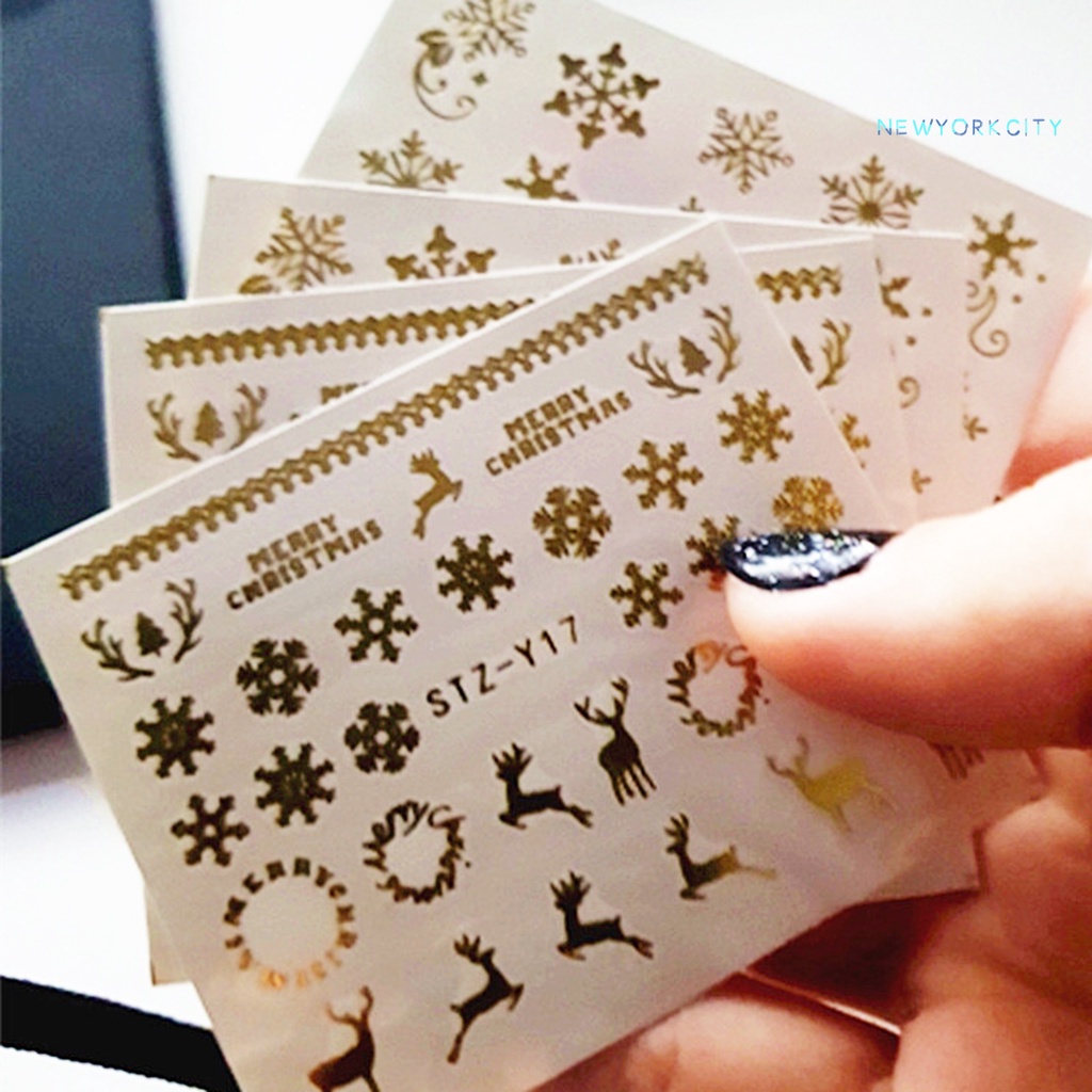 Set 16 Miếng Dán Móng Tay Nhẹ Nhàng Họa Tiết Bông Tuyết Màu Sắc Vàng Kim