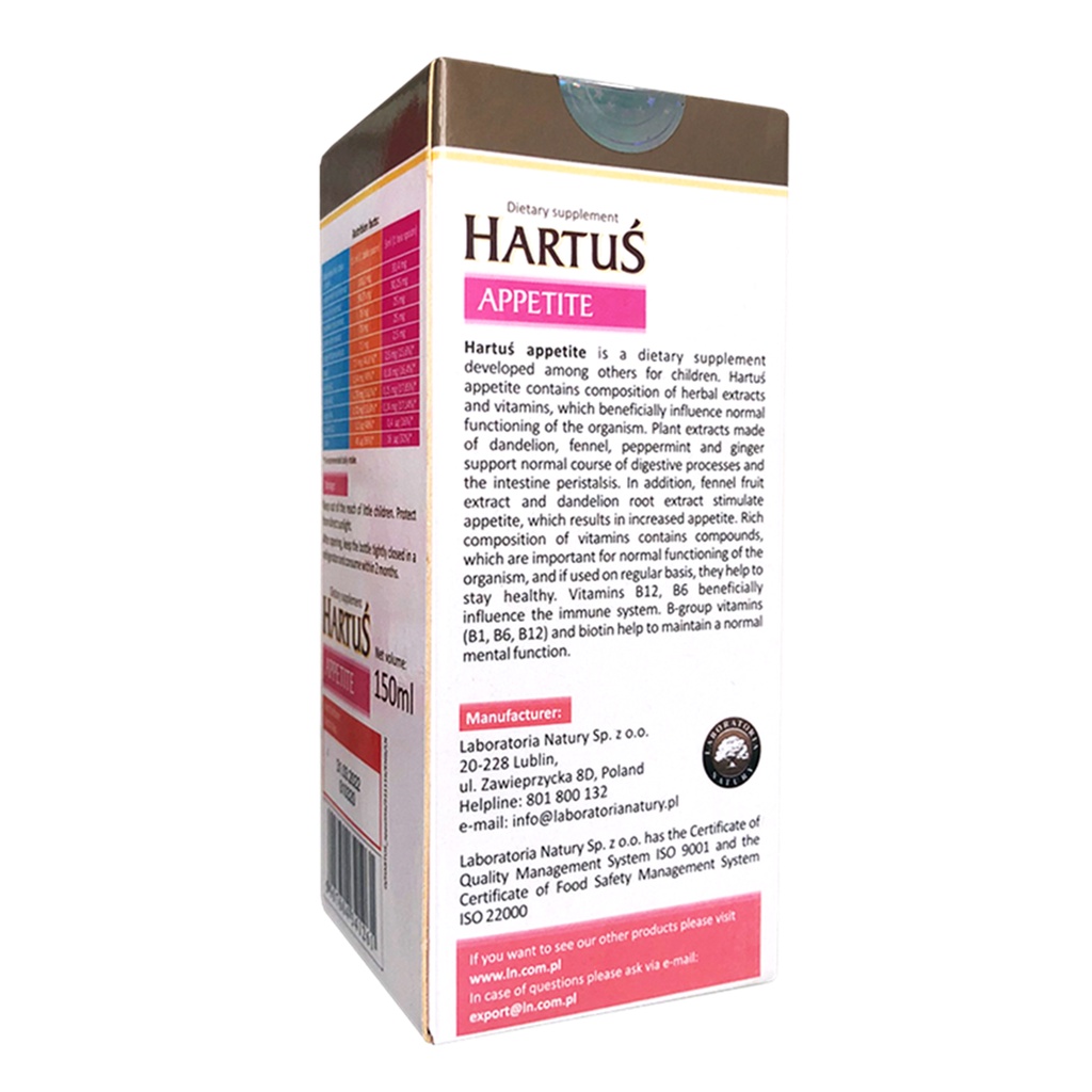 Hartus Appetite, siro ăn ngon cho bé, cải thiện chứng biếng ăn, kích thích tiêu hóa của trẻ(Lọ 150ml)