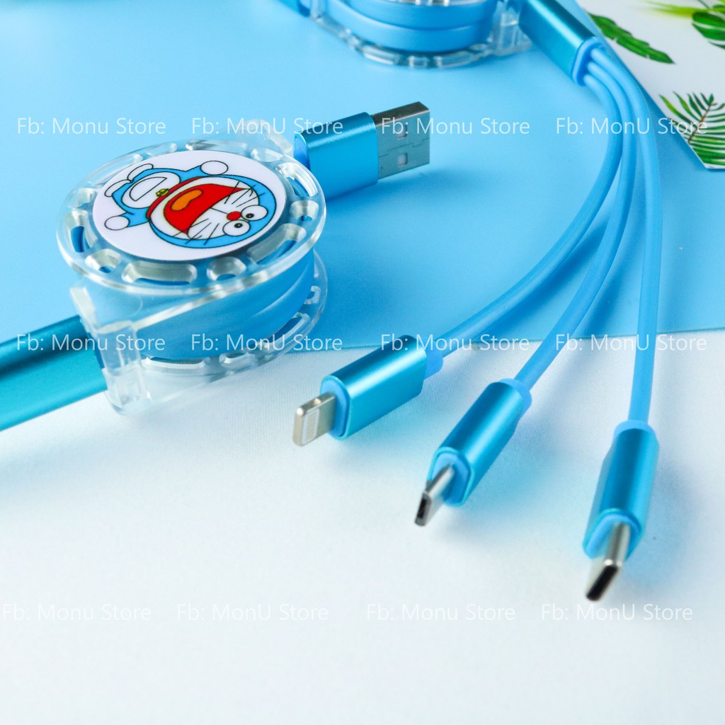 Cáp sạc dây rút 3 đầu Lightning, Type C, Micro USB in hình DORAEMON dễ thương cute