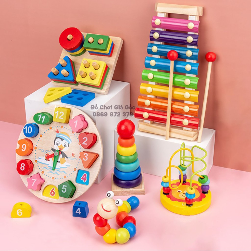 Bộ combo từ 4-6 món đồ chơi gỗ phát triển trí tuệ cho bé, giáo cụ Montessori