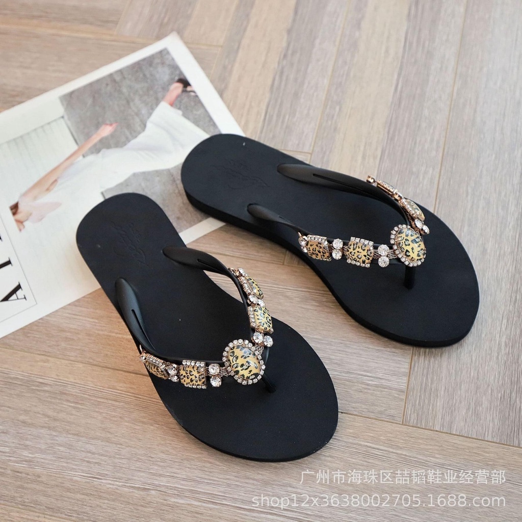 Dép kẹp, dép xỏ ngón, tông nữ đính đá Quảng Châu Qybaby 003 đen/kem - TRINH LÊ SHOP