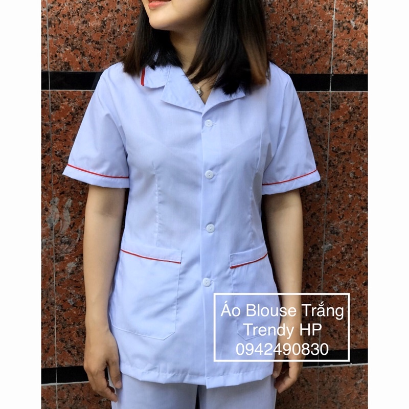 Bộ Áo blouse trắng cộc tay dáng ngắn viền đỏ cho điều dưỡng, y tá, dược sỹ, thảm mỹ viện, spa