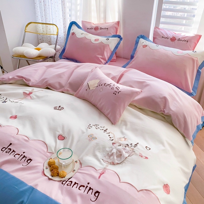 Bộ 4 món ga gối Lụa Satin cao cấp Hồng phối xanh