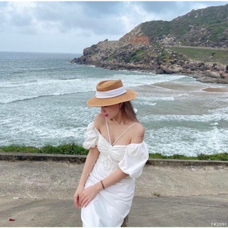 Đầm midi phối dây rút (S/M/L - Trắng/Đen)