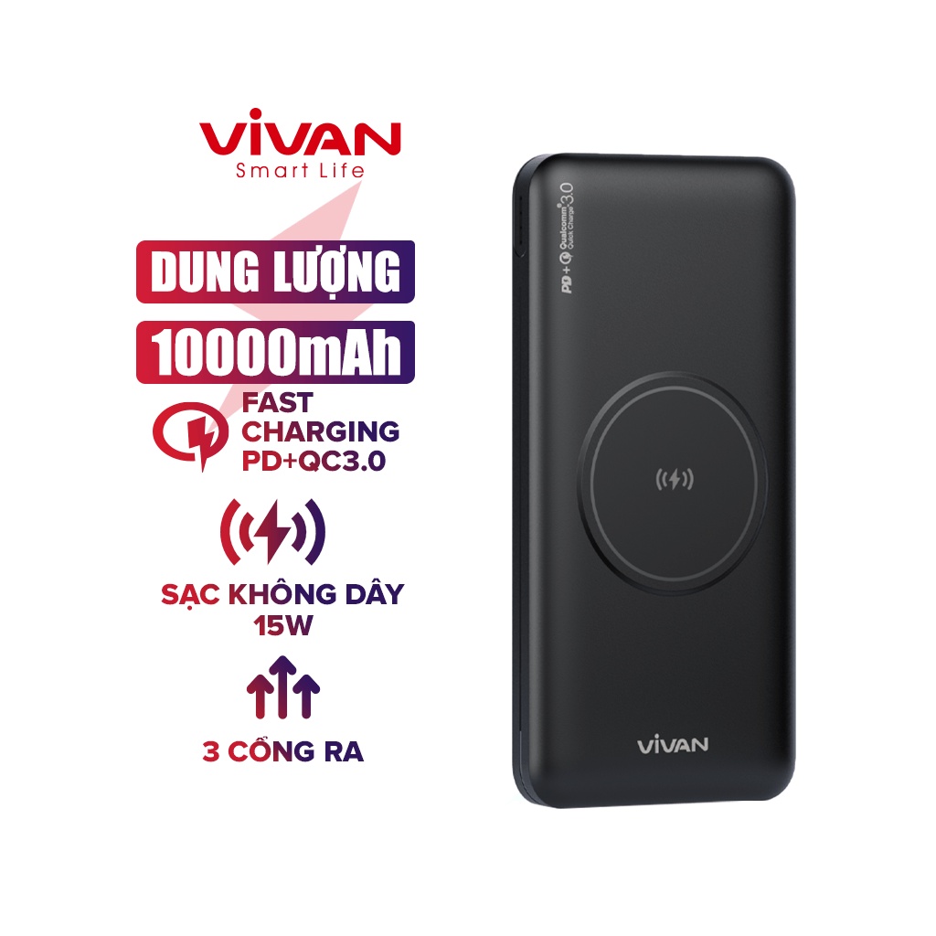 Sạc Pin Dự Phòng Nhanh 10000 mAh 18W Chính Hãng VIVAN VPB-W11 3Output Chuẩn QC3.0 PD Hỗ trợ iPhone 13