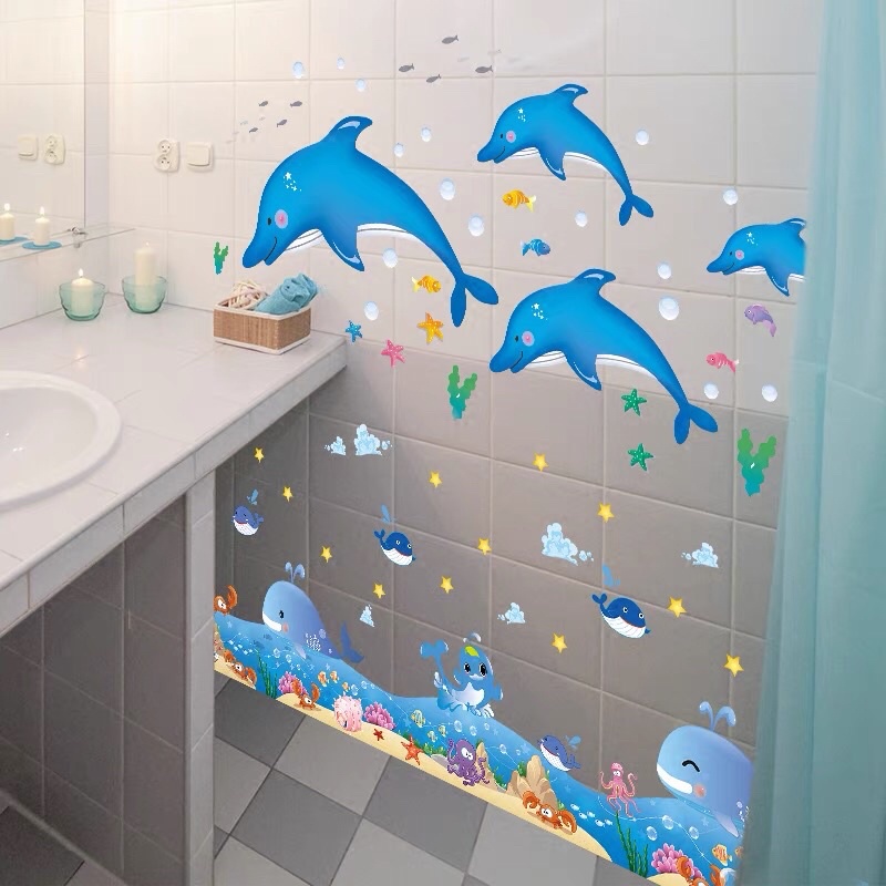 Combo 2 tấm decal dán tường đàn cá heo, sẵn keo dán