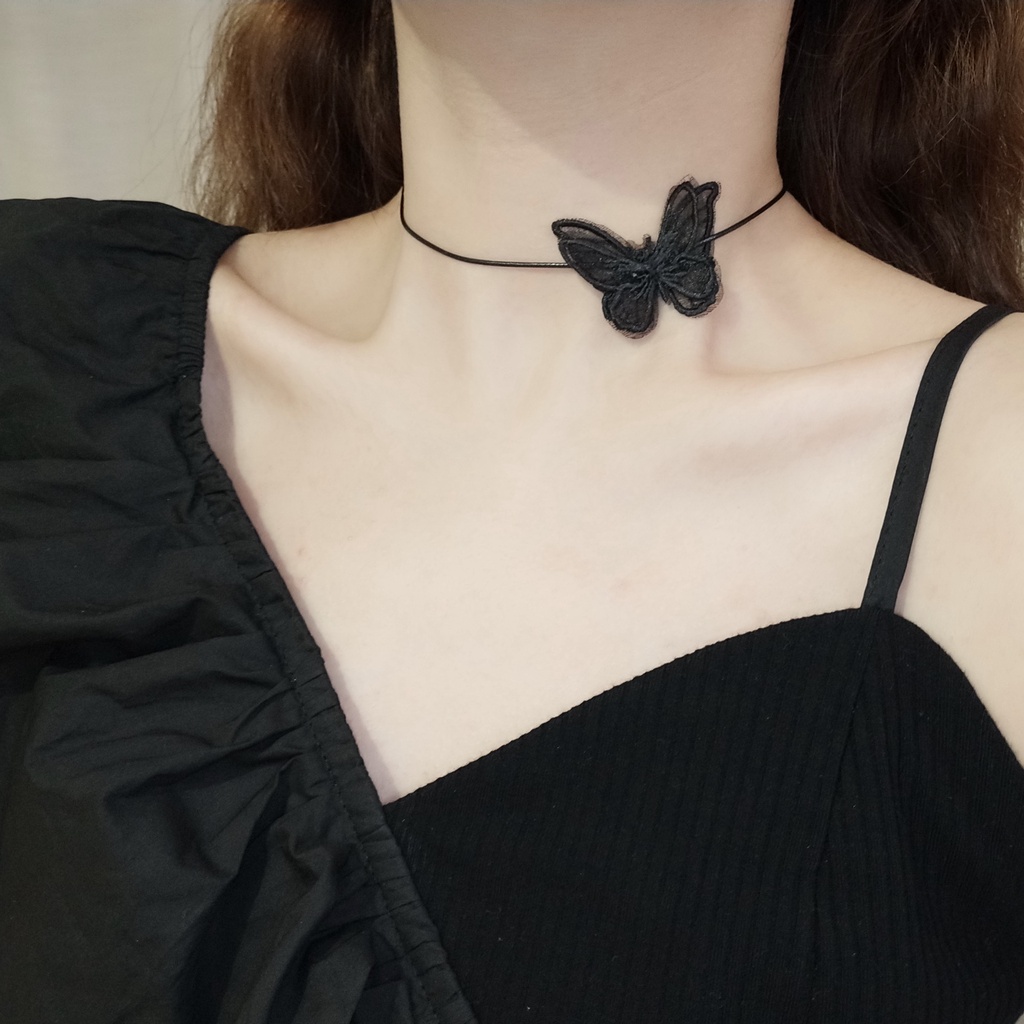 Vòng Cổ Choker Ren Hình Bướm Màu Trắng / Đen Phong Cách Hàn Quốc Quyến Rũ Cho Nữ