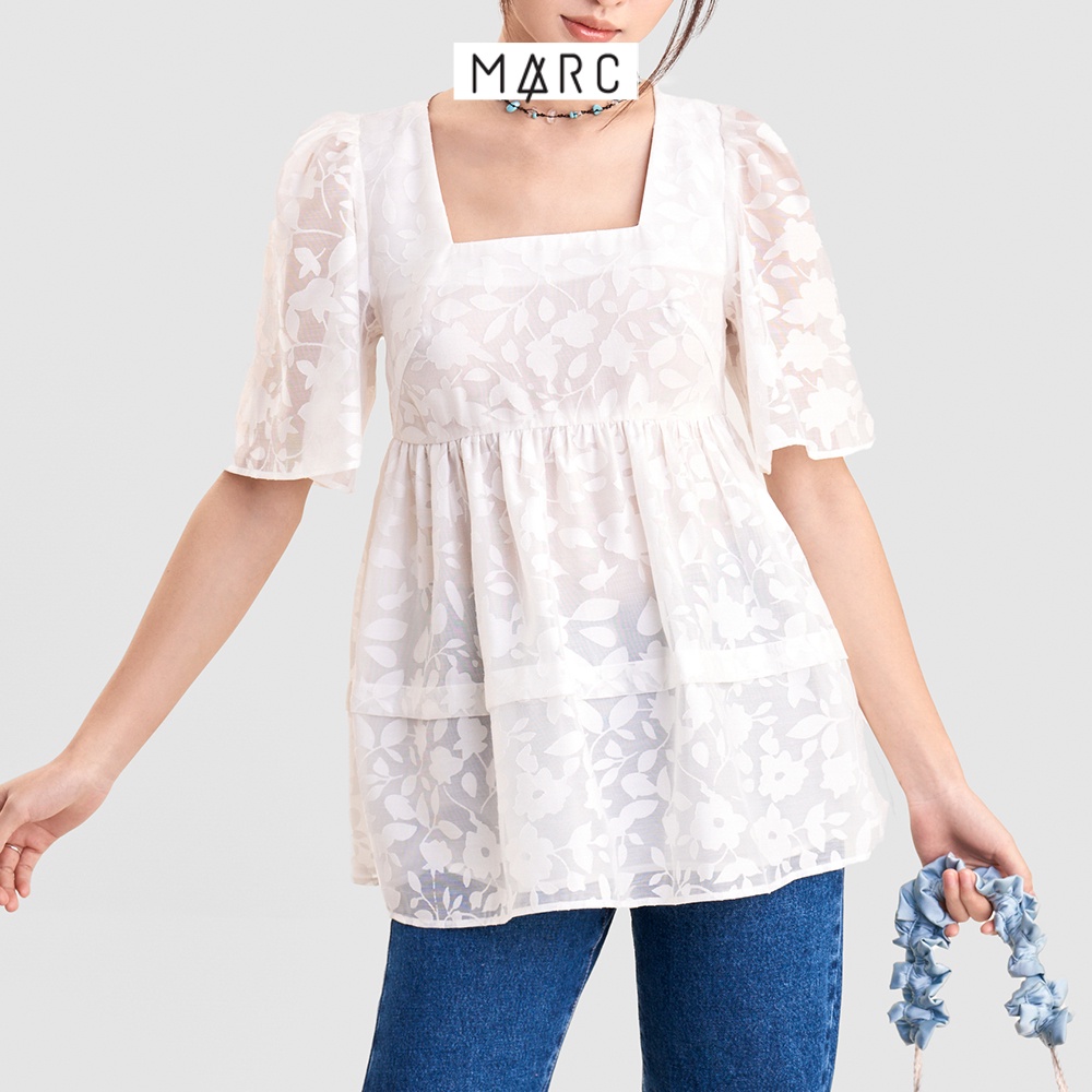 Áo nữ MARC FASHION form babydoll cổ vuông sheer họa tiết