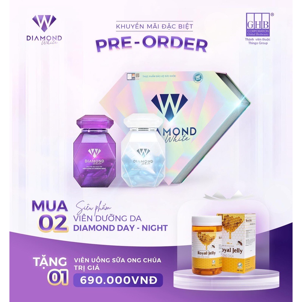 Viên Uống Trắng Sáng Da Diamond White, Siêu Dưỡng Chuyên Sâu, Trắng Gấp 3, Mờ Nám, Tàn Nhang, D