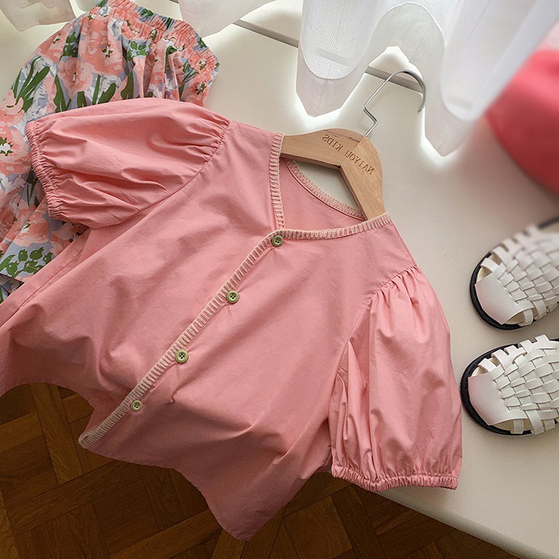 Set Áo Sơ Mi Tay Ngắn Phồng Phối Quần Short In Hoa Thời Trang Mùa Hè Phong Cách Hàn Quốc Cho Bé Gái