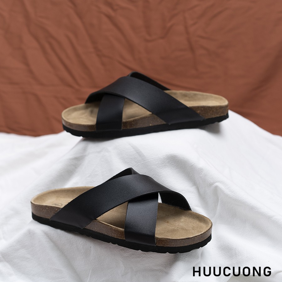 Dép unisex HuuCuong quai chéo đen đế trấu