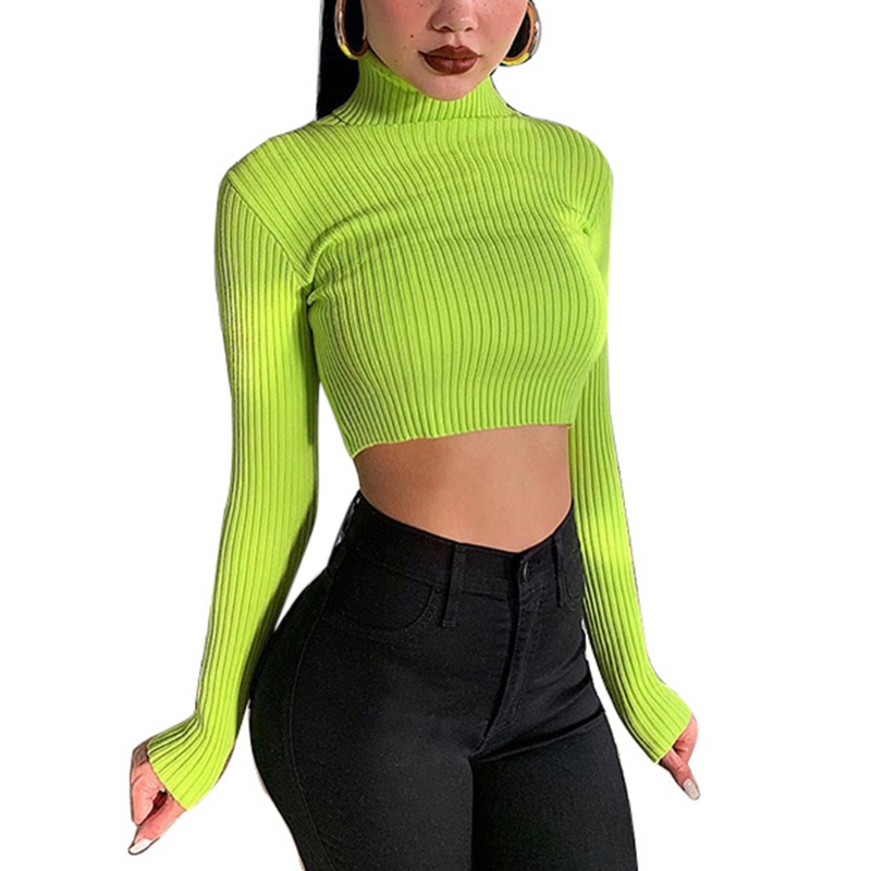 Áo croptop dệt kim cổ lọ tay dài màu neon xanh lá dáng ôm cho nữ