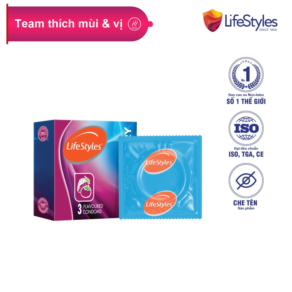 [Mã LTBAUAB29 giảm 7% đơn 99K] Bao Cao Su LifeStyles Mixed Berry Hương Dâu 3 Mùi Cao Cấp Hộp 3 bao