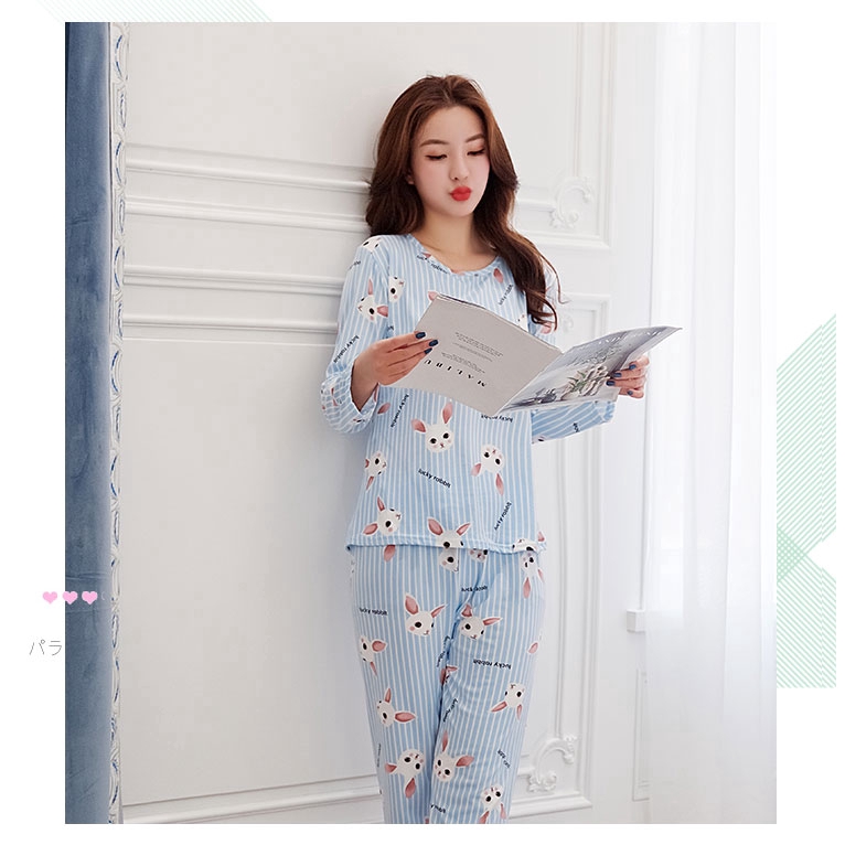 xiaohan korea Spring and Autumn loose nightwear round neck long sleeve sleepwear set cute cartoon print women Large size baju tidur | BigBuy360 - bigbuy360.vn