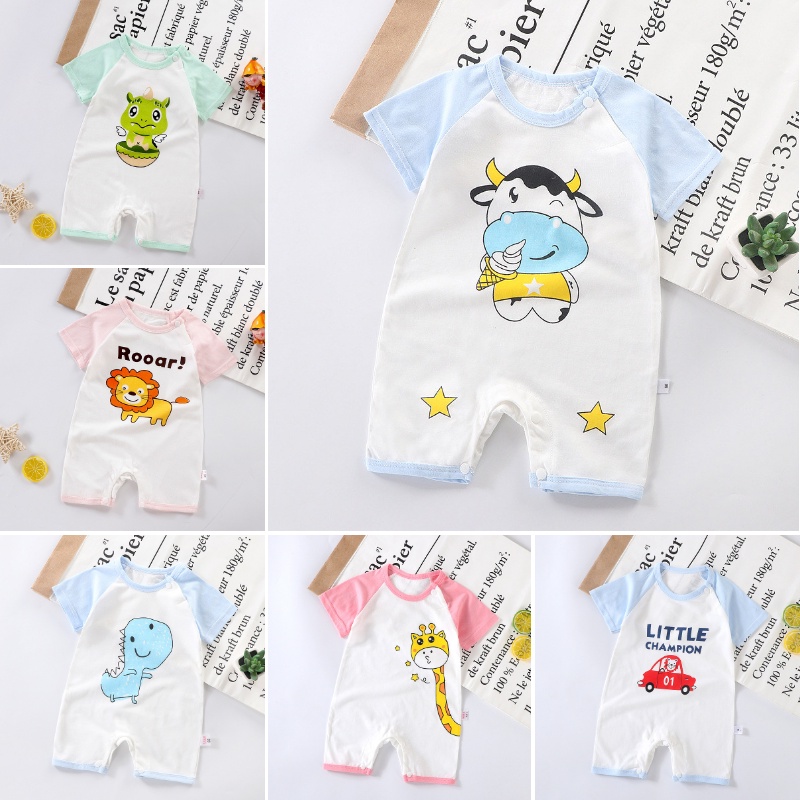 Bộ Áo Liền Quần Cotton Tay Ngắn In Họa Tiết Hoạt Hình One Piece Dễ Thương Cho Bé Trai + Gái 0-24 Tháng Tuổi