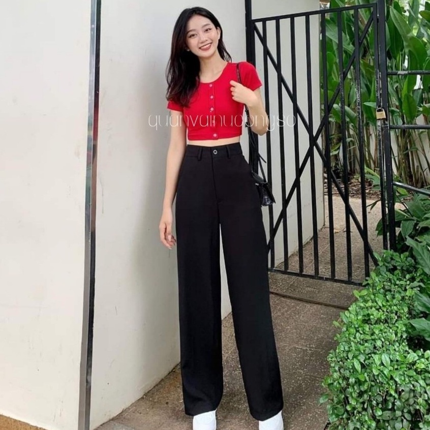 Quần vải ống rộng cạp lưng cao dáng suông đứng dài chất vải đen mềm đi học sinh Quần tây ống rộng khóa trước làm công sở