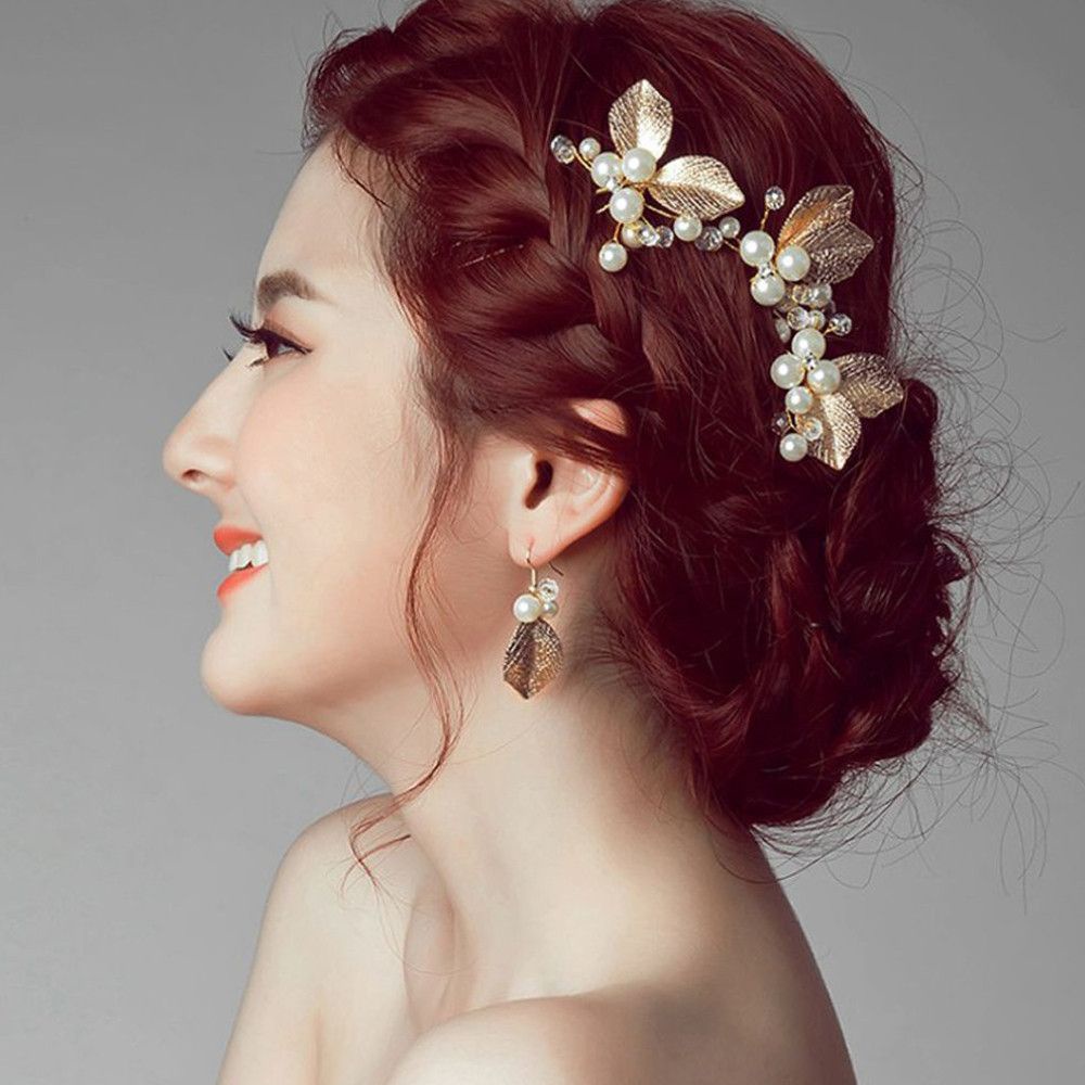 Bộ 2 cặp kẹp tóc hình chiếc lá đính ngọc trai thời trang cho nữ