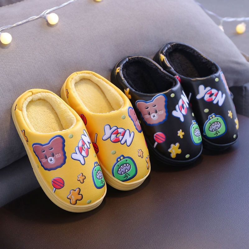 AMILA Dép Đi Trong Nhà Bằng Da PU Lót Cotton Giữ Ấm Chống Trượt Chống Thấm Nước In Hoạt Hình Dễ Thương Cho Bé