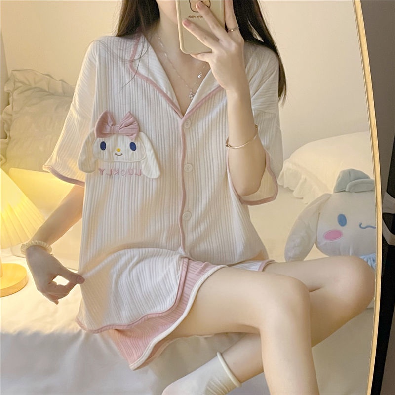 Bộ đồ ngủ áo tay ngắn phối quần đùi phong cách Hàn Quốc thời trang mùa hè cho nữ