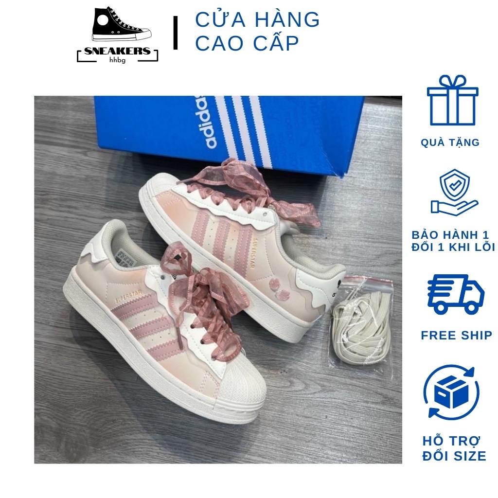 Giày adidas superstar, Das Sò, màu hồng kem bản S.C 2022 dây hồng full box - giấy gói