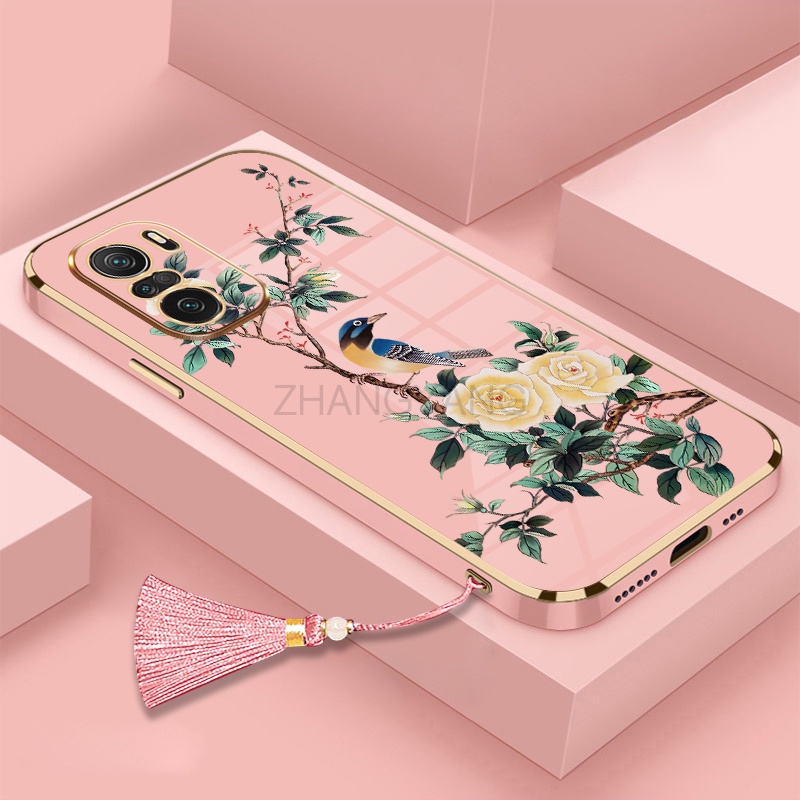 Ốp Điện Thoại Silicon Mềm Mạ Điện Họa Tiết Hoa Và Chim Kèm Dây Đeo Cho Redmi note 10 note 10 pro