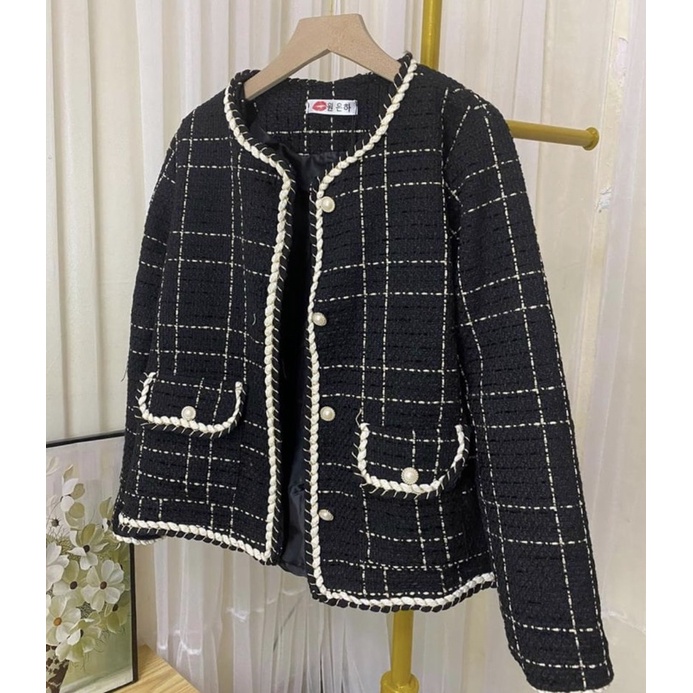 Áo Dạ Tweed Viền Thừng Cúc Ngọc - Áo Khoác Dạ Nữ Quảng Châu Mẫu Mới