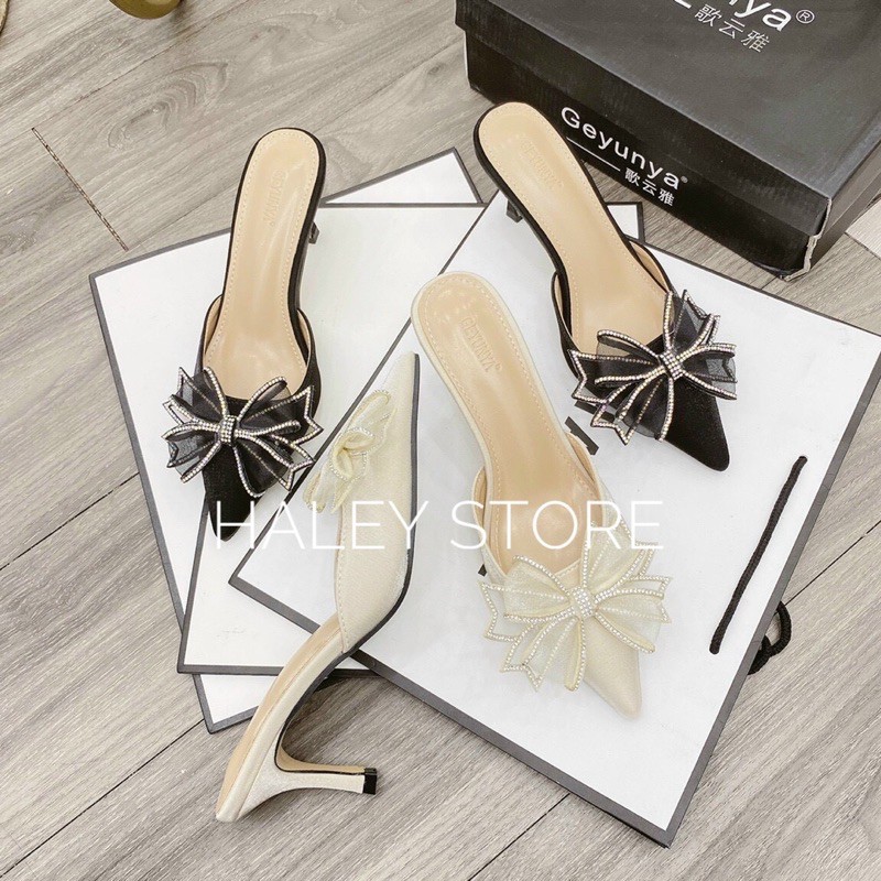 Dép Sục nữ gót 5p da lụa đính nơ đá lung linh sang chảnh hot đi chơi đi tiệc đi làm HALEY STORE