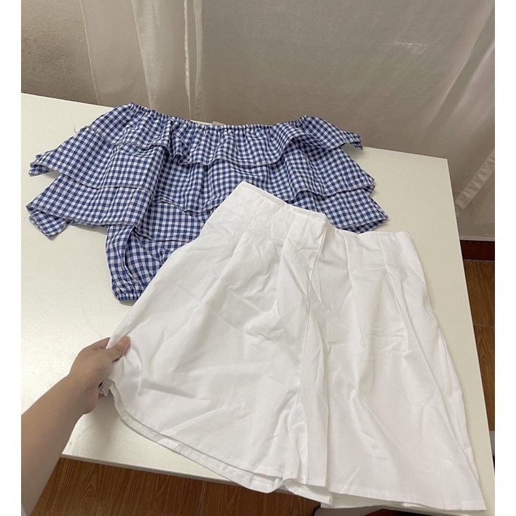 Set Áo Trễ Vai Caro Xanh Nữ  🌸 Bộ đồ thun kiểu kèm quần short ống rộng mặc đi biển Ulzzang 🌸