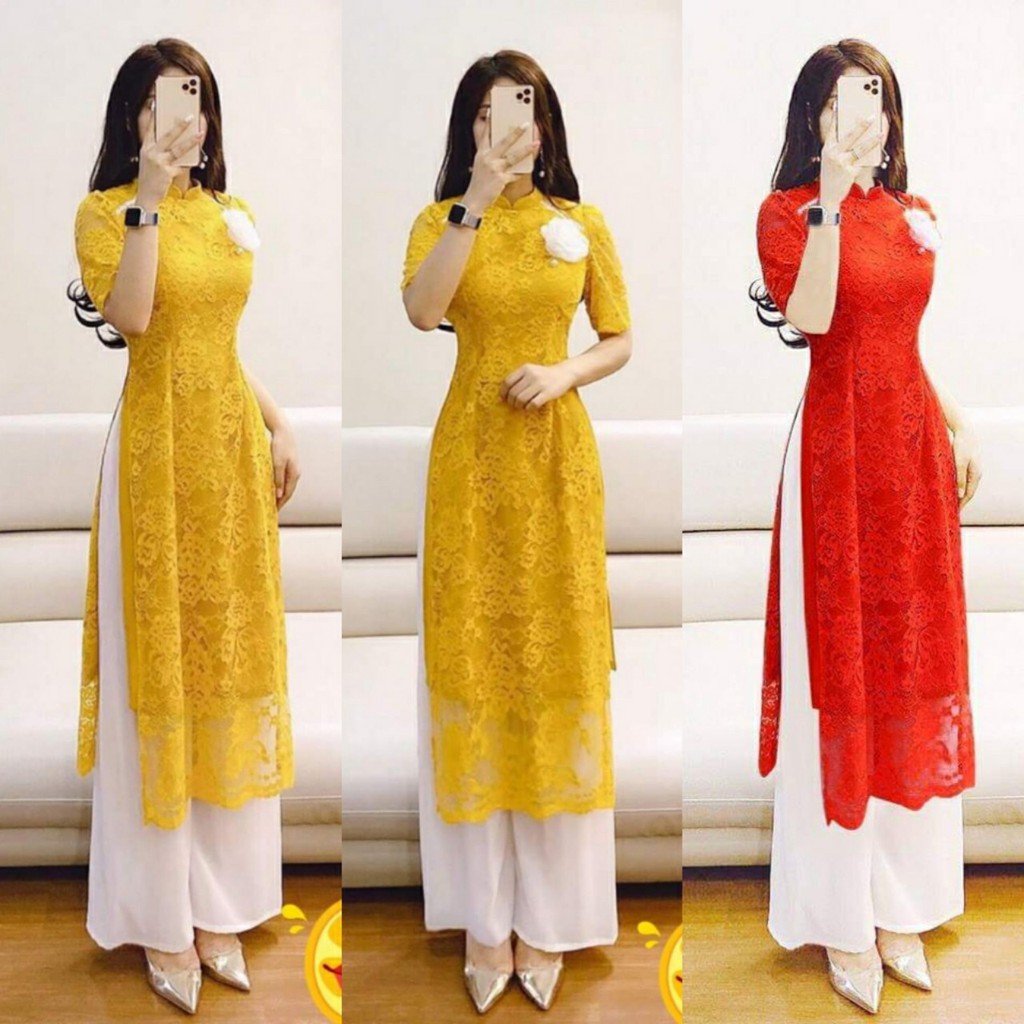 ⚡️ có big size 5XL ⚡️ AD1727 SET ÁO DÀI CÁCH TÂN REN 4 TÀ ĐÍNH HOA TRẮNG KÈM QUẦN