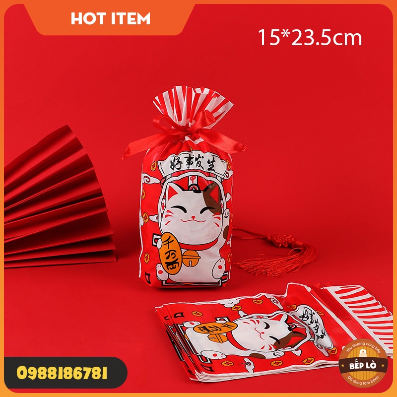 Túi Zip Tết - Túi Kẹo Nougat Tết - Túi Bánh Quy Tết -Túi Dây Rút Mèo May Mắn - Túi Đựng Bánh Kẹo