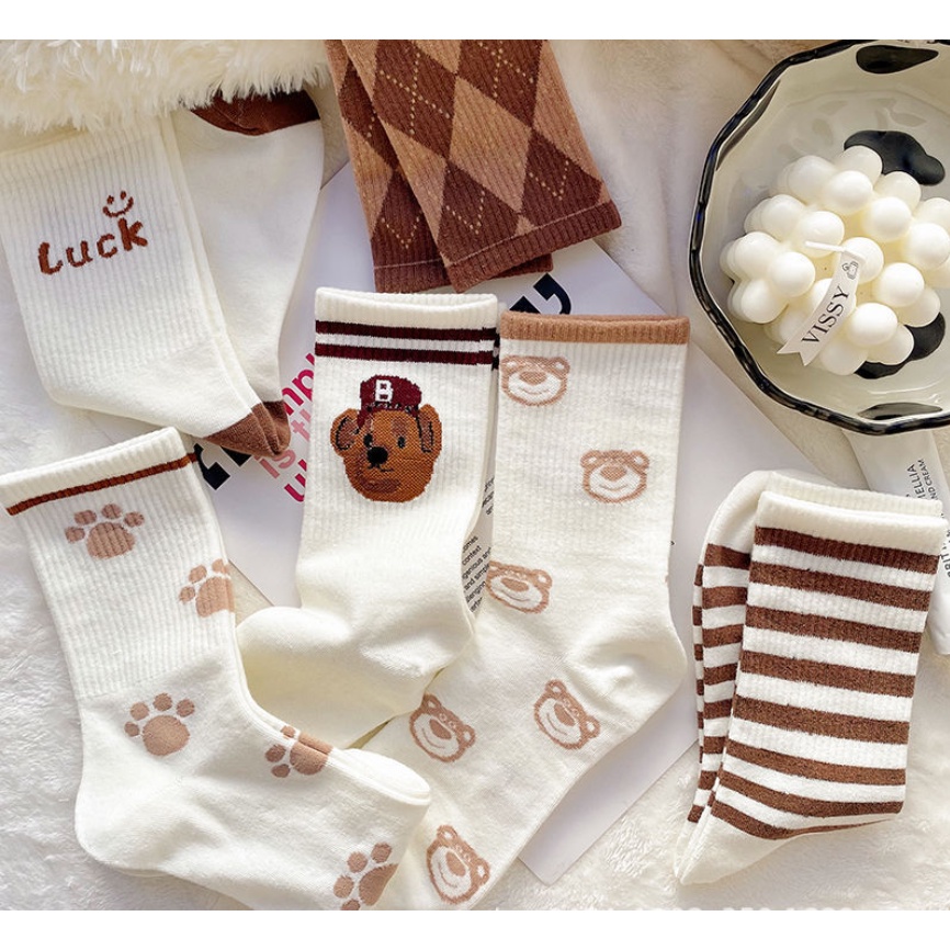 Brown teddy bear socks Bivota high neck socks Korean style vintage high neck socks very pretty