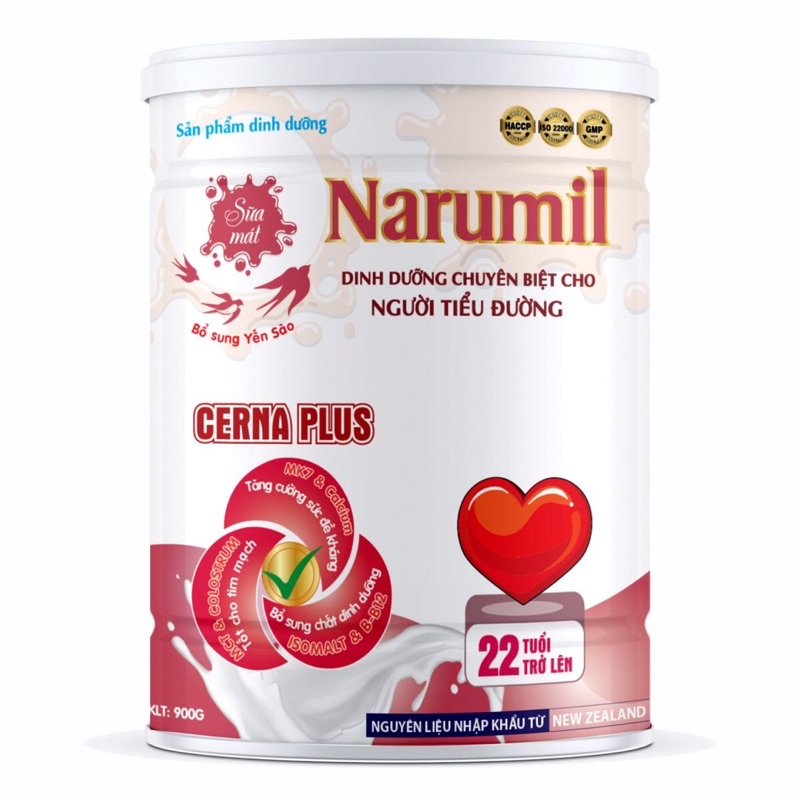 Sữa bột dành cho người tiểu đường yến sào Narumil Cerna Plus- tăng sức đề kháng, giảm mệt mỏi- lon 900g Diabet care