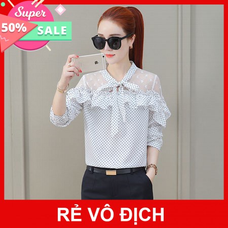 💞 Giảm Kịch Sàn - ÁO SƠ MI CHẤM BI THẮT NƠ PHỐI REN (M, L)- NH373 Hàng Nhập