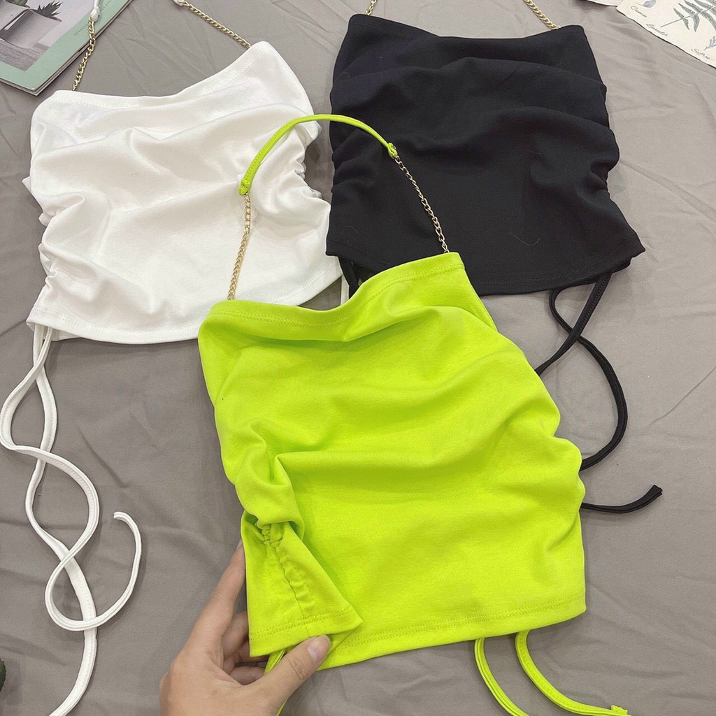 Áo  cổ yếm phối xích 2 bên hông rút dây hở lưng sexy chất borip mềm tôn dáng ôm form xinh xinh