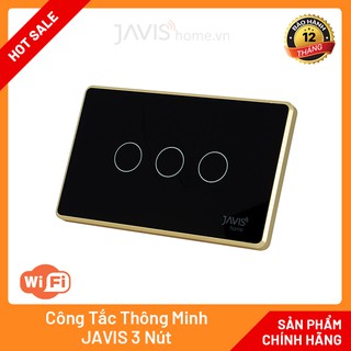 Công tắc thông minh JAVIS 3 Gang có viền vàng. Công tắc cảm ứng WIFI điều khiển bằng tiếng Việt qua loa Google,Loa JAVIS