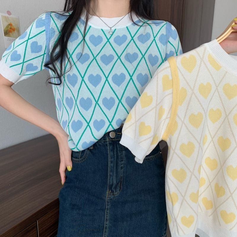 Áo Dệt Kim Tay Ngắn Họa Tiết Màu Sắc Tương Phản Xinh Xắn 185245 Áo Kiểu Hàn Quốc Dáng Ôm Thiết Kế Ngọt Ngào Dễ Phối Đồ