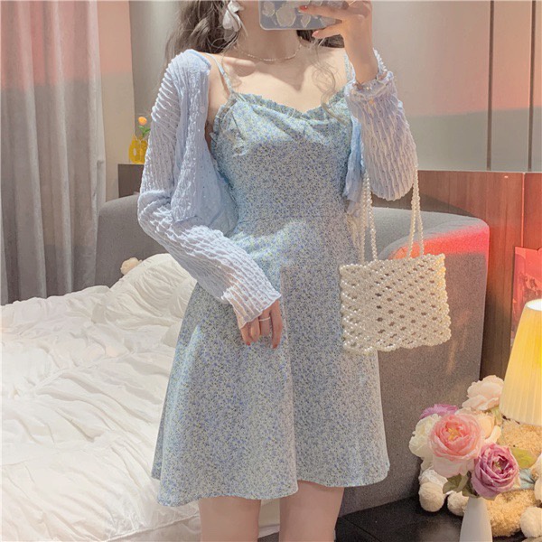 Váy hoa nhí hai dây ngực bèo dáng ngắn phối cardigan thun hè Ulzzang Style 🌸 Hàng Quảng Châu