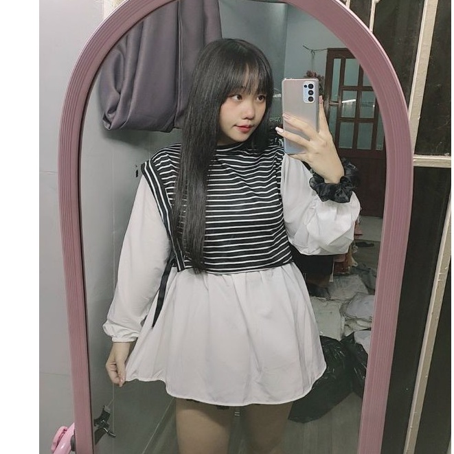 Áo kiểu nữ Babydoll phối sọc Hangmoonshop - AO064