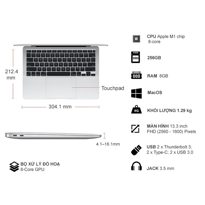 Apple MacBook Air (2020) M1 Chip, 13.3-inch, 8GB, 256GB SSD - SA/A Hàng Chính Hãng Bảo Hành Apple tại Việt Nam