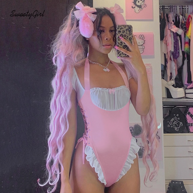 Sweety Girl Bộ Áo Liền Quần Nhún Bèo Hai Mảnh Màu Hồng Búp Bê Có Diềm Xếp Nếp 2022 Cho Nữ