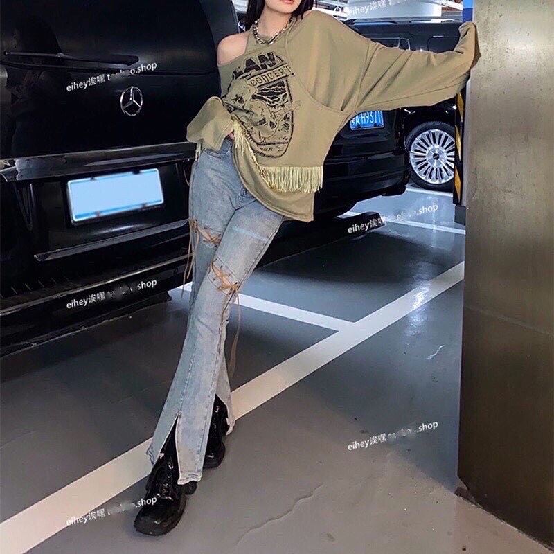 Quần jeans ống loe xẻ tà lưng cao phối dây thắt phong cách retro