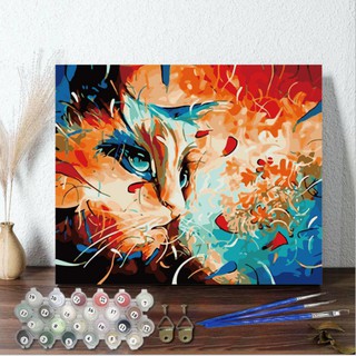 Tranh Sơn Dầu Số Hóa Mèo Buồn Hoa Cute MiMi VD9004 Tranh Tự Tô Màu Theo Số Có Khung Full Phụ Kiện