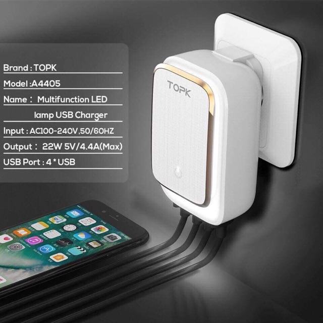 CỦ SẠC 4 CỔNG USB CÓ ĐÈN ĐIỀU CHỈNH ĐƯỢC