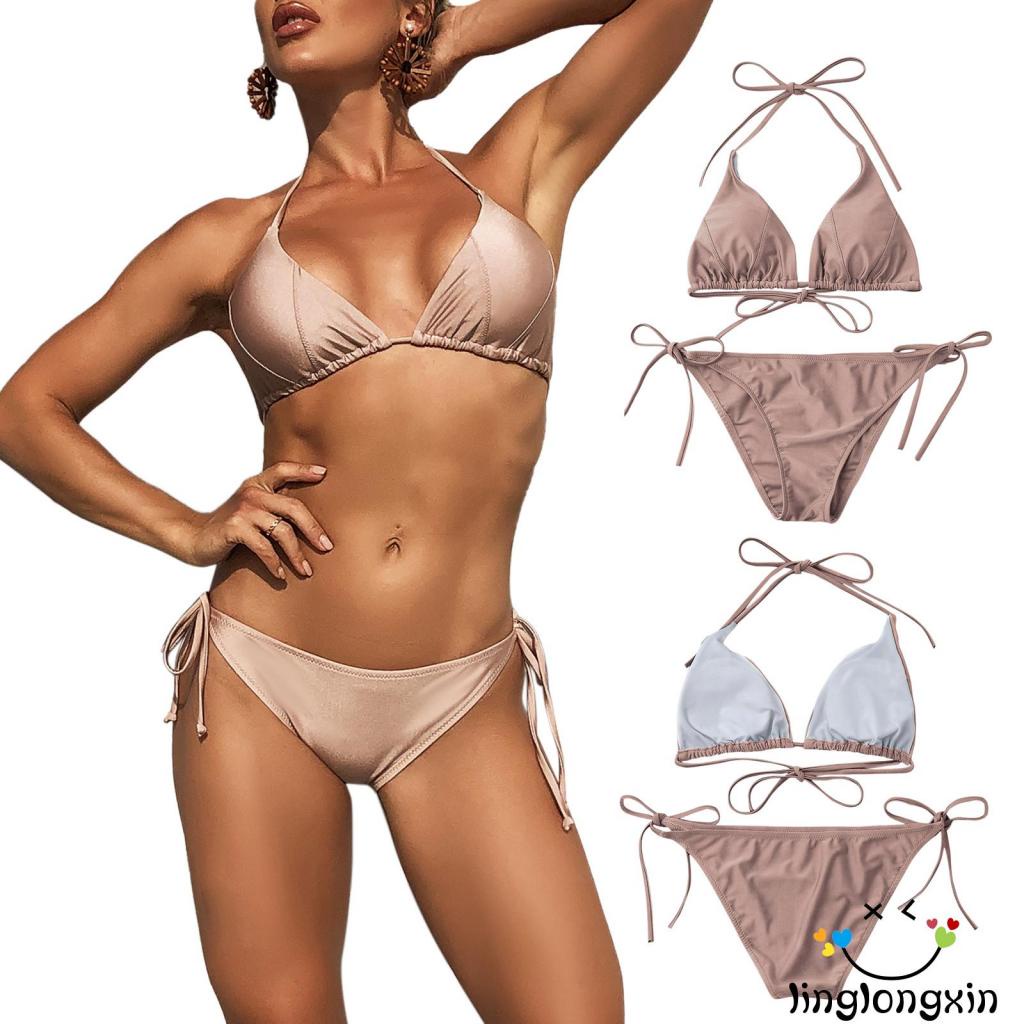 Bộ đồ bơi bikini cổ chữ V khoét sâu màu sắc đơn giản + quần lót cột dây cho nữ
 | BigBuy360 - bigbuy360.vn