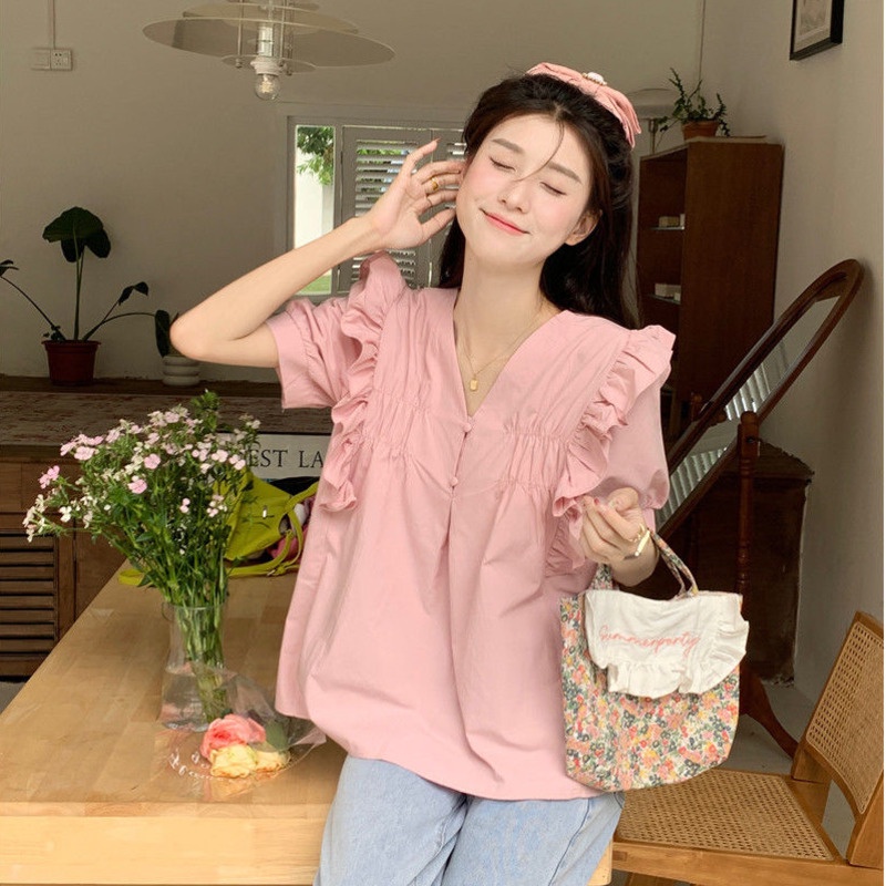 Áo Thun Tay Ngắn Màu Trơn Dáng Rộng Phong Cách Hàn Quốc Dễ Thương