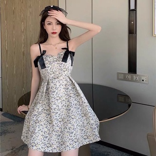 Đầm hoa hai dây dáng ngắn phối nơ xinh xắn cho nữ