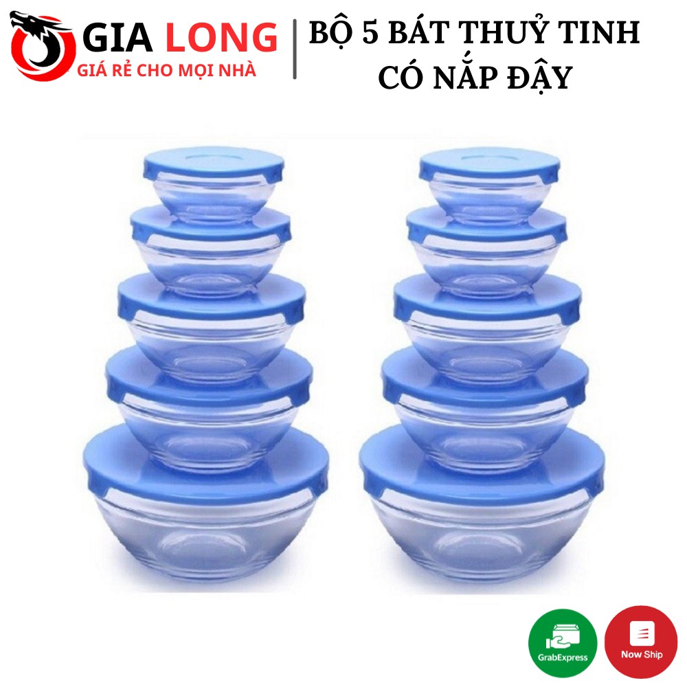 Bộ 5 Bát Thủy Tinh Trơn Cường Lực Chịu Nhiệt Tốt Có Nắp Đậy Nhựa Tiện Dụng